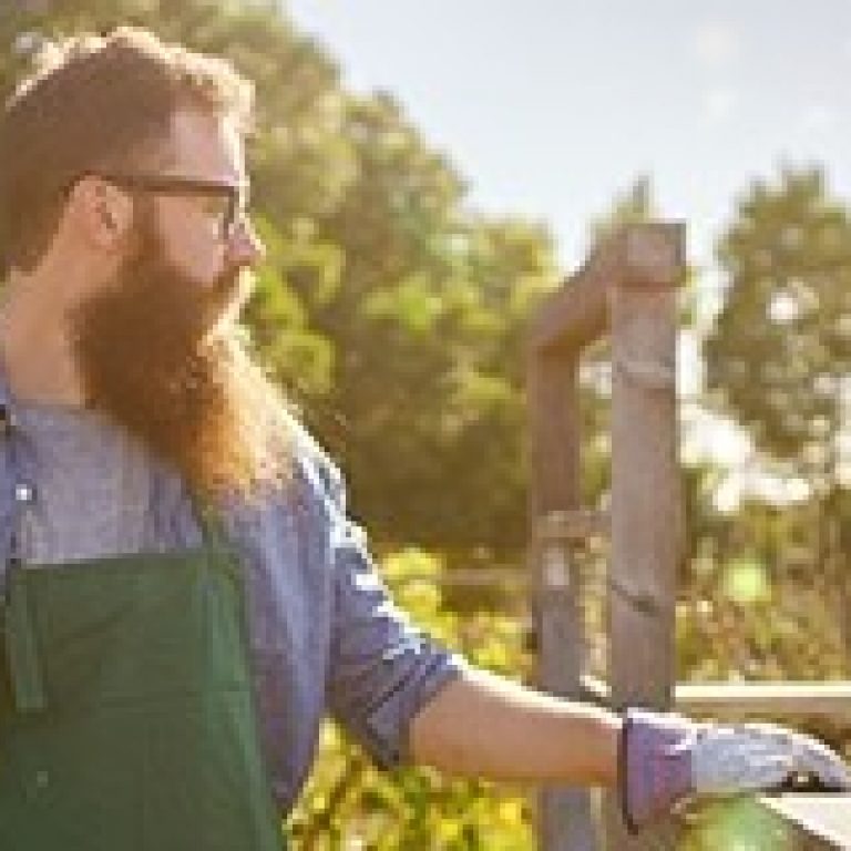 candid photo of bearded man in communal garden